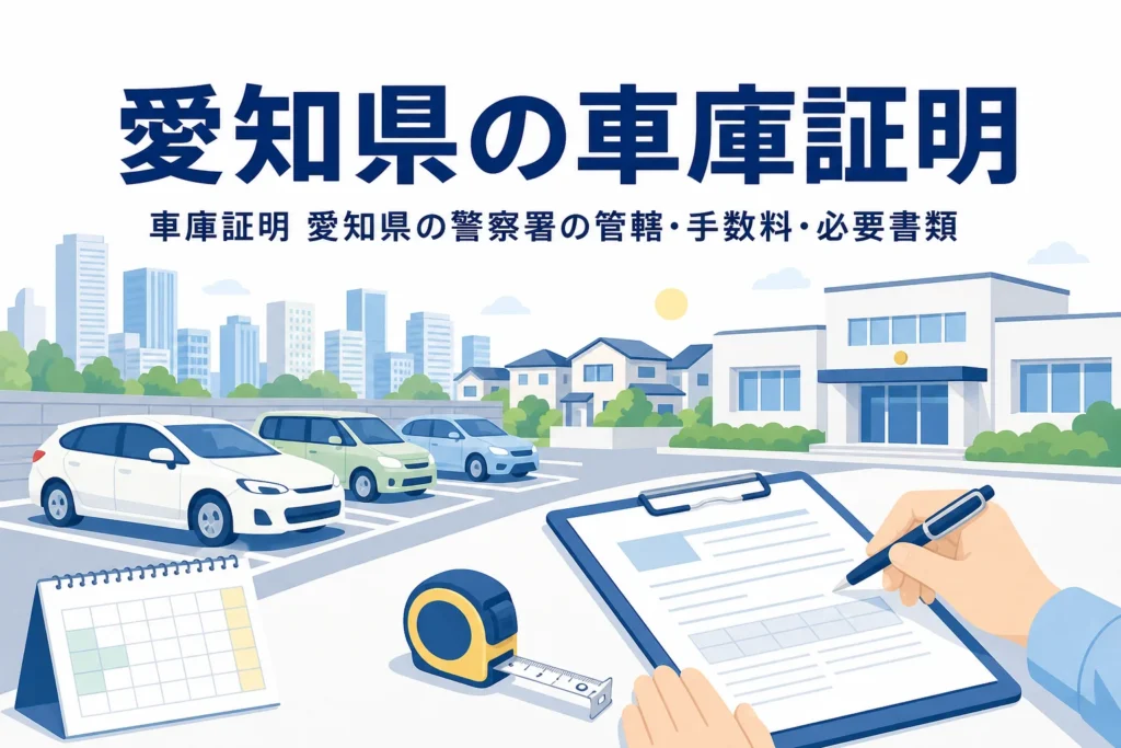 都市の街並みと駐車場、書類を描いた「愛知県の車庫証明」のアイキャッチ