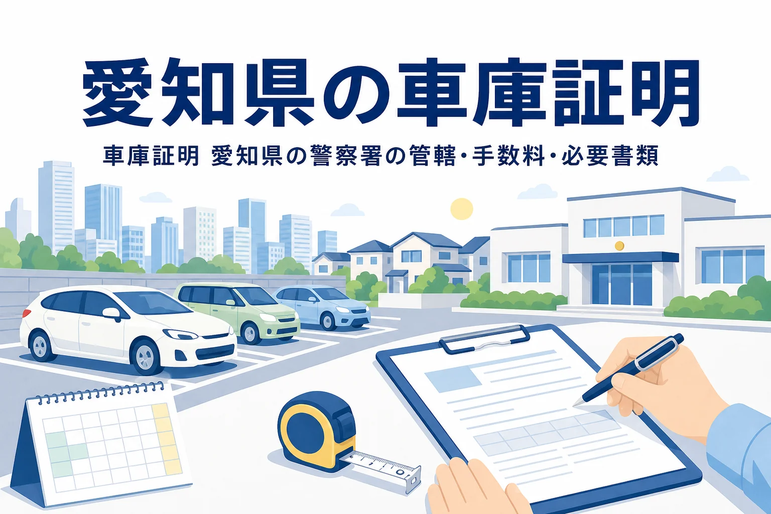 都市の街並みと駐車場、書類を描いた「愛知県の車庫証明」のアイキャッチ
