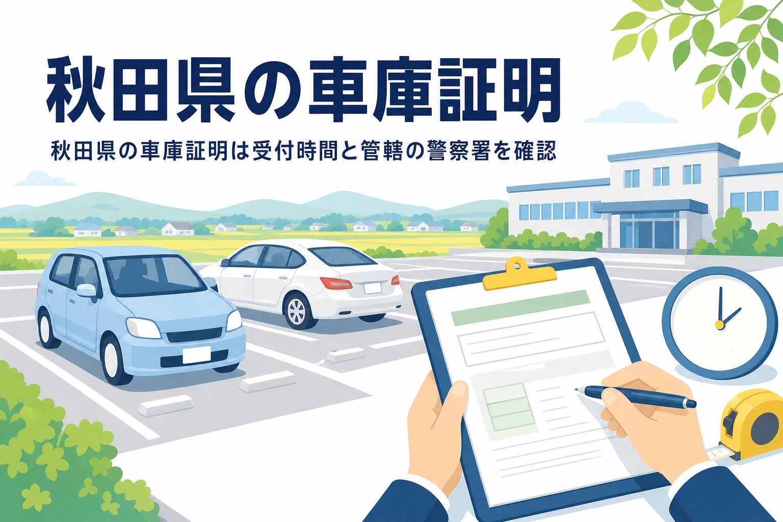 駐車場と書類、時計のイラストに、秋田県の車庫証明の記事タイトルを重ねたアイキャッチ
