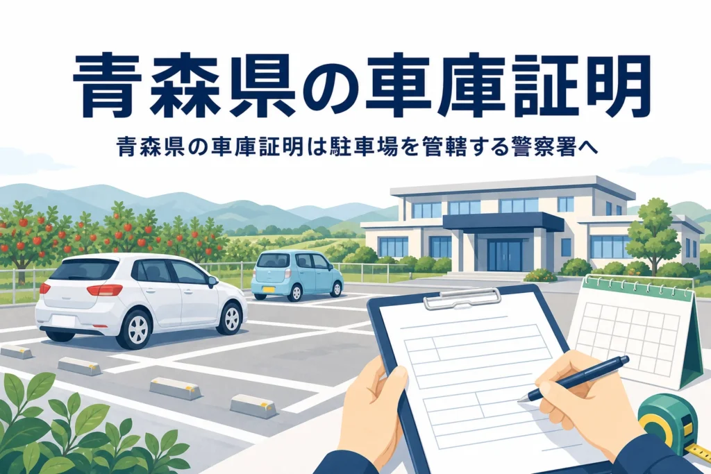 郊外の駐車場と書類のイラストに、青森県の車庫証明の記事タイトルを重ねたアイキャッチ