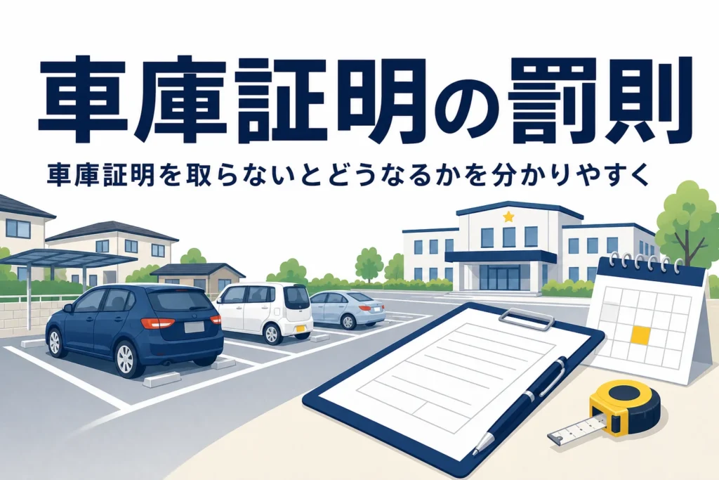 駐車場の乗用車のシルエットと書類に、車庫証明を取らないとどうなるかを紹介する記事タイトル