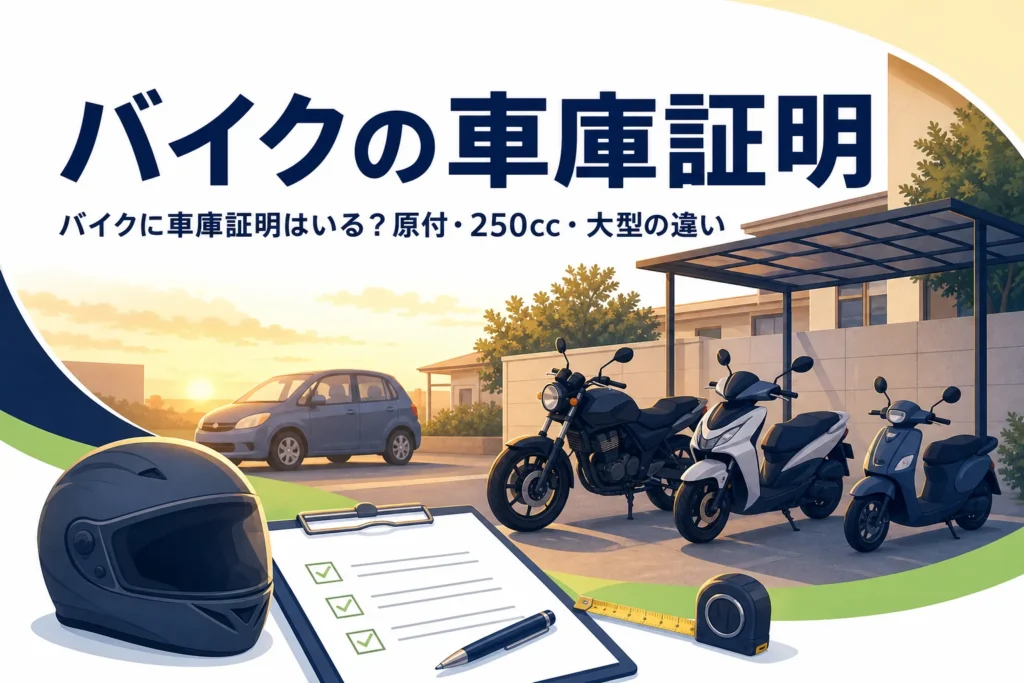 住宅の敷地に並ぶバイクのシルエットで、バイクに車庫証明がいるかを紹介する記事タイトル