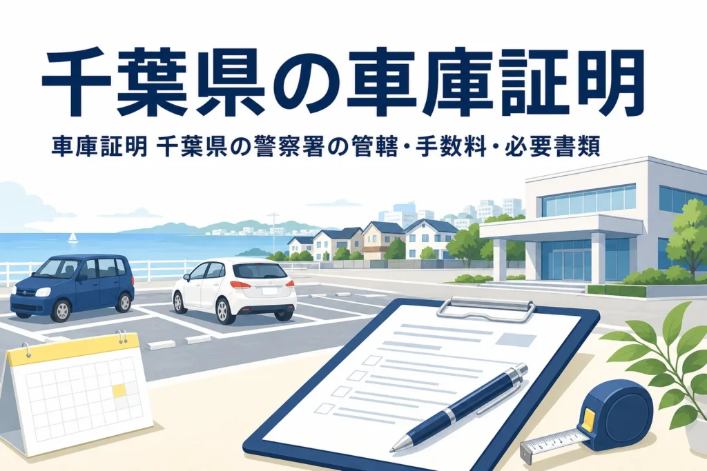 駐車場と書類を描いた「千葉県の車庫証明」のアイキャッチ