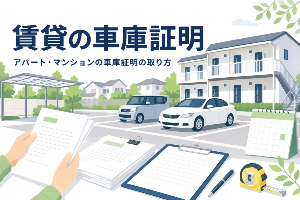 アパートの駐車場と契約書で、賃貸アパート・マンションの車庫証明の取り方を紹介する記事タイトル