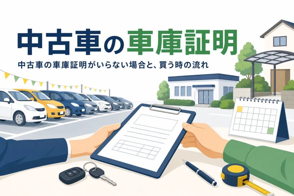 並んだ車と書類を描き、中古車を買う時の車庫証明がいらない場合と流れを紹介する記事のアイキャッチ