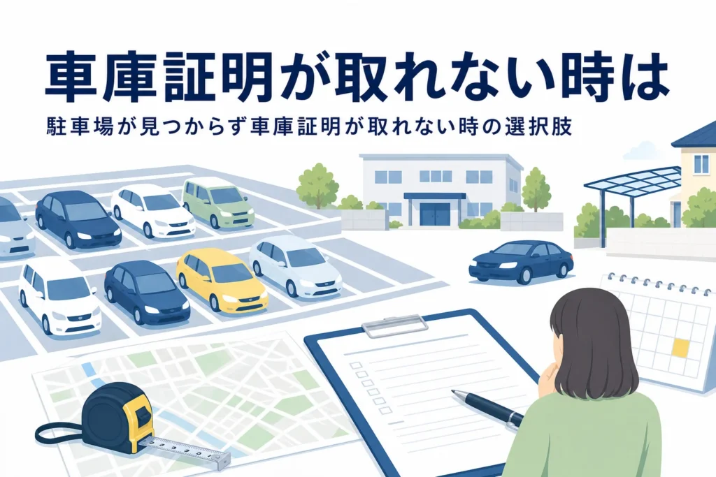 満車の駐車場と地図のイラストに、車庫証明が取れない時の選択肢の記事タイトルを重ねたアイキャッチ
