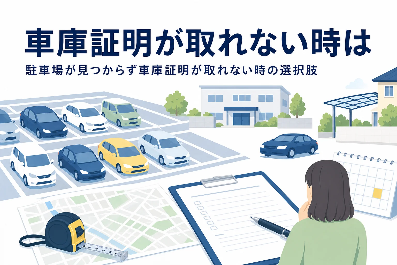 満車の駐車場と地図のイラストに、車庫証明が取れない時の選択肢の記事タイトルを重ねたアイキャッチ