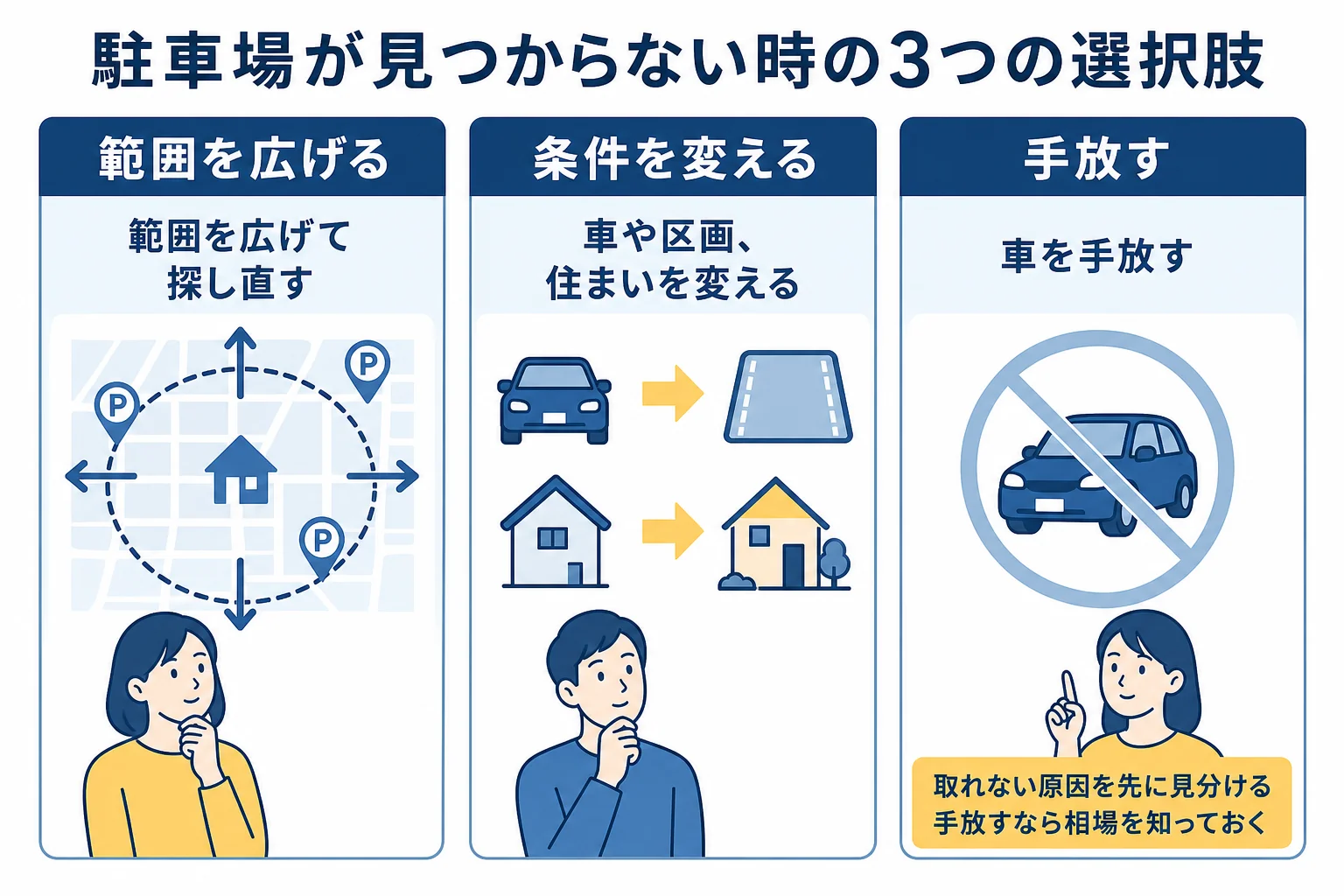 駐車場が見つからない時に、範囲を広げる・条件を変える・手放すの3つの選択肢を比べた図解