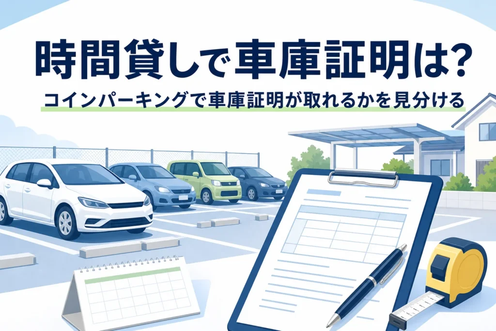 時間貸し駐車場と書類を写し、コインパーキングで車庫証明が取れるかを紹介する記事タイトル