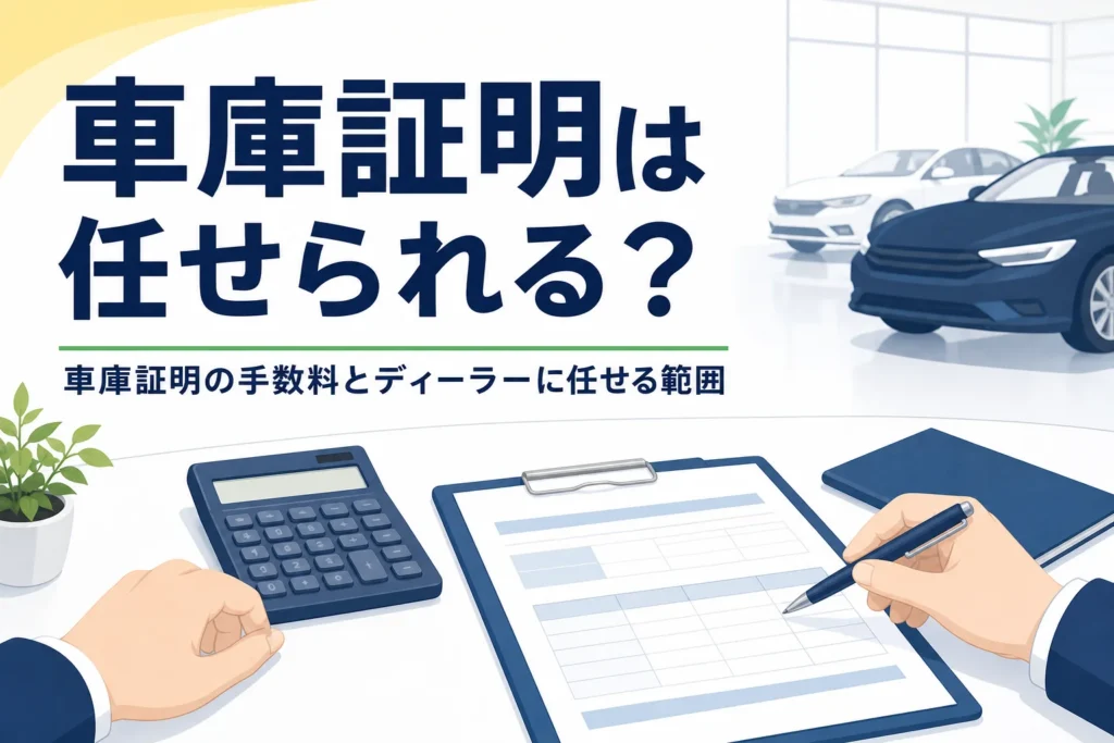 商談テーブルの書類と電卓を写し、車庫証明をディーラーに任せる範囲と手数料を紹介する記事タイトル