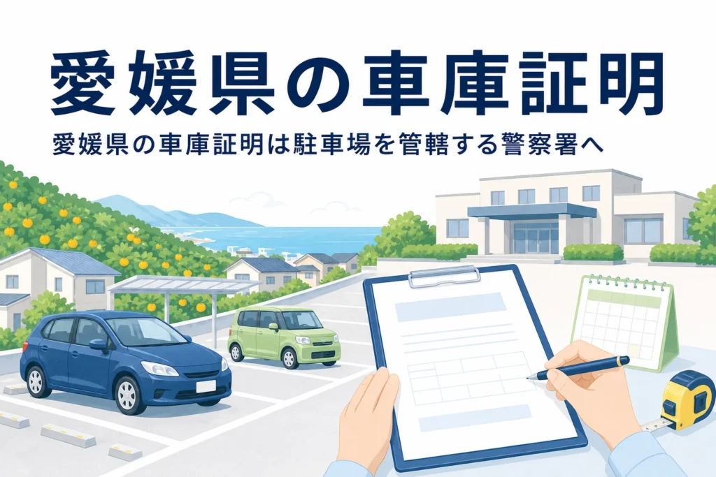 みかん畑の見える駐車場と書類のイラストに、愛媛県の車庫証明の記事タイトルを重ねたアイキャッチ
