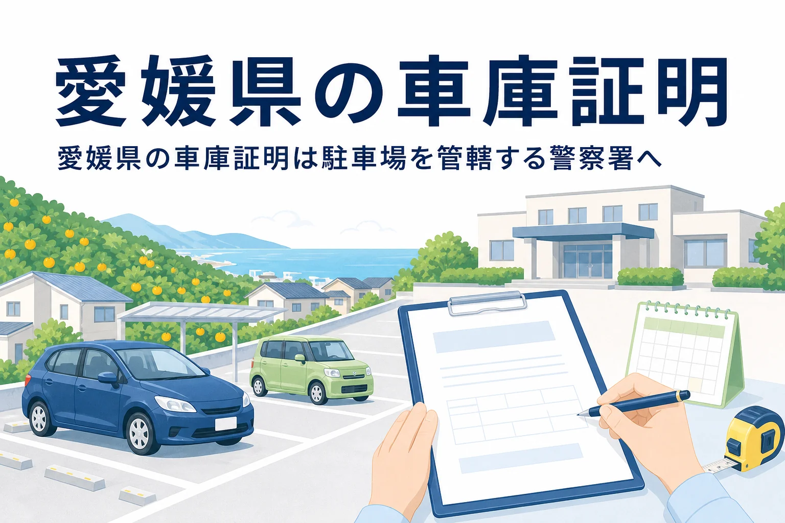 みかん畑の見える駐車場と書類のイラストに、愛媛県の車庫証明の記事タイトルを重ねたアイキャッチ