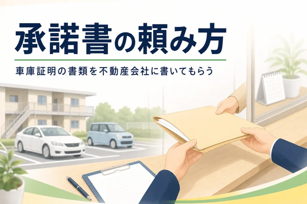 窓口で書類を受け取る手元を写し、車庫証明の承諾書を不動産会社に書いてもらう方法を紹介する記事タイトル