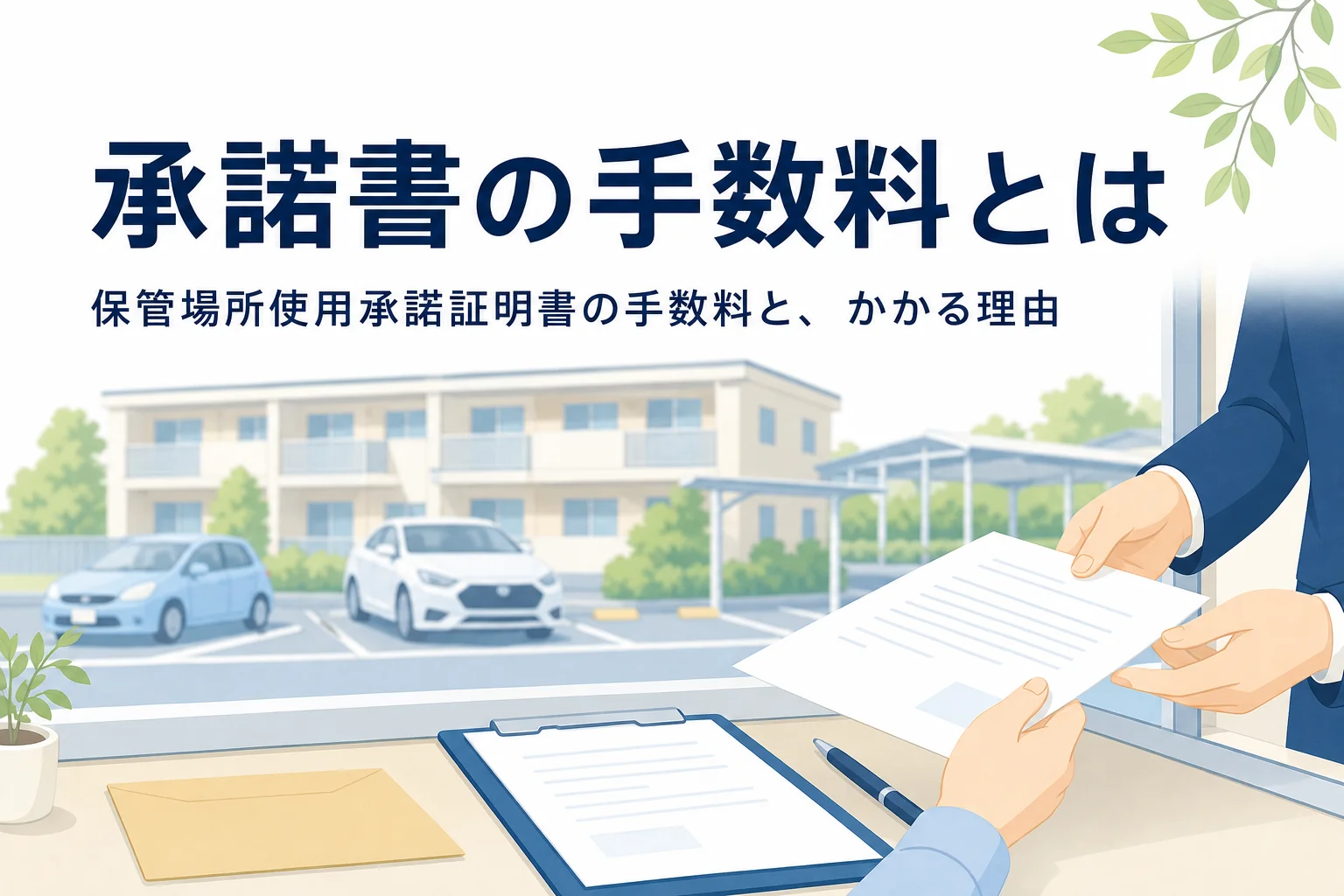 窓口で書類を受け取る手元を写し、保管場所使用承諾証明書の手数料とかかる理由を紹介する記事タイトル