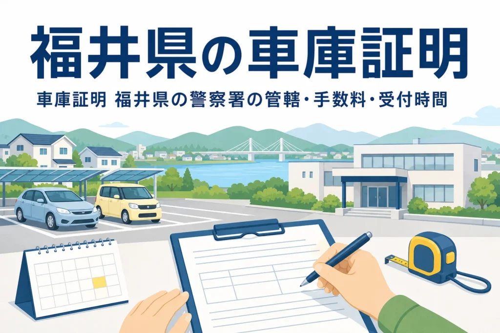 駐車場と書類を描いた「福井県の車庫証明」のアイキャッチ