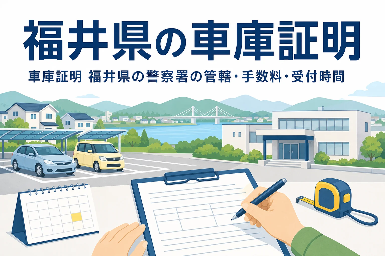 駐車場と書類を描いた「福井県の車庫証明」のアイキャッチ