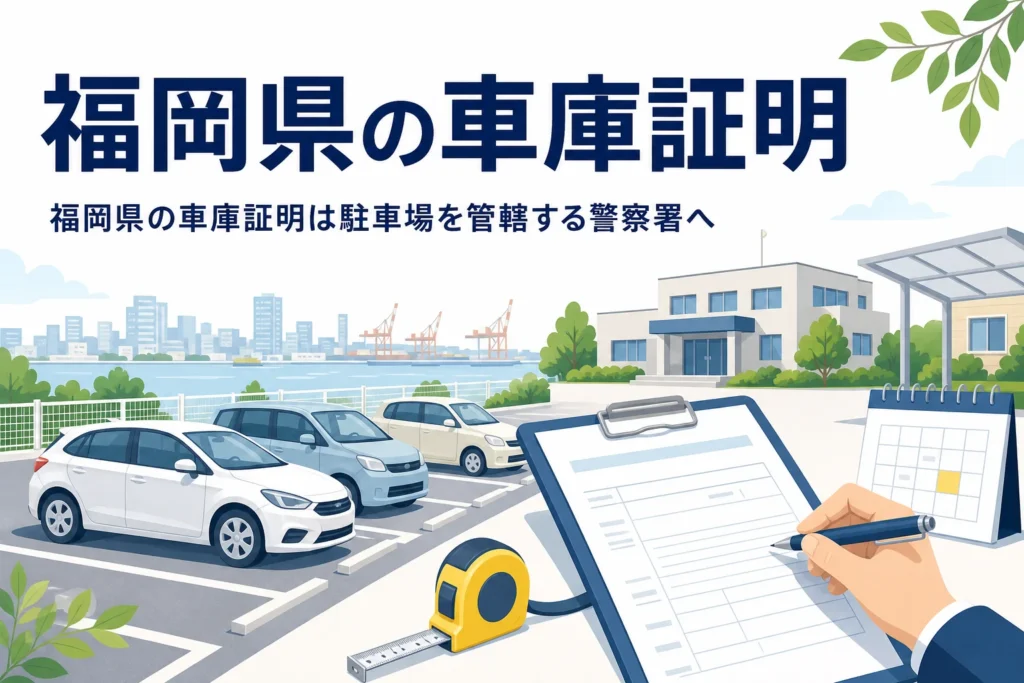 街並みの見える駐車場と書類のイラストに、福岡県の車庫証明の記事タイトルを重ねたアイキャッチ