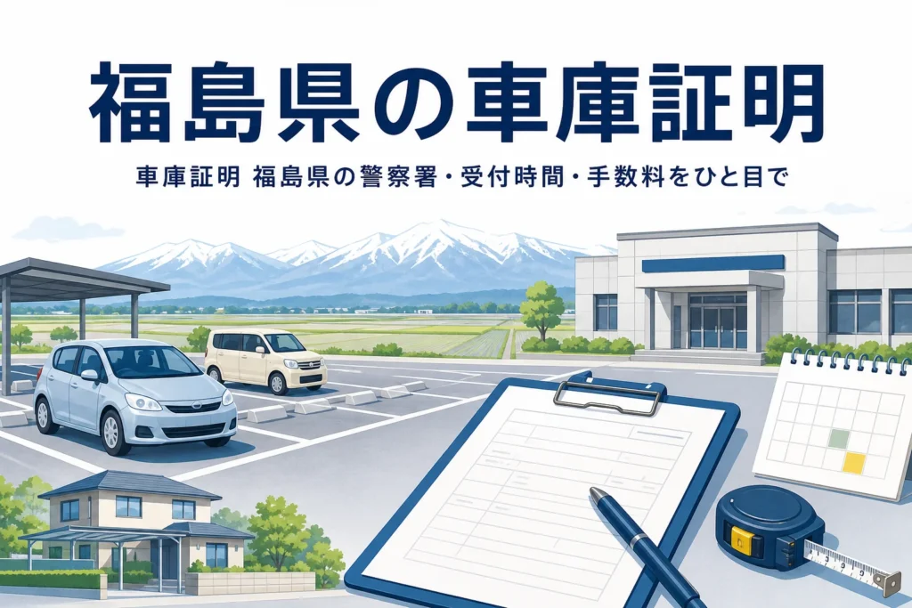 駐車場と書類を描いた「福島県の車庫証明」のアイキャッチ