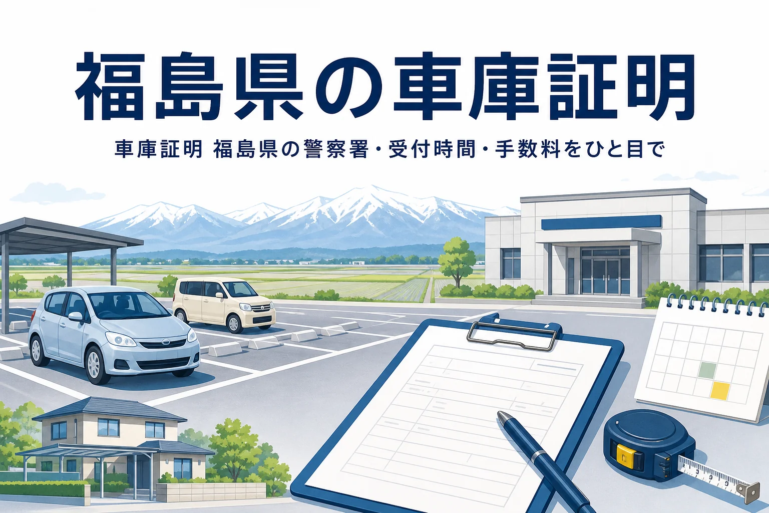駐車場と書類を描いた「福島県の車庫証明」のアイキャッチ