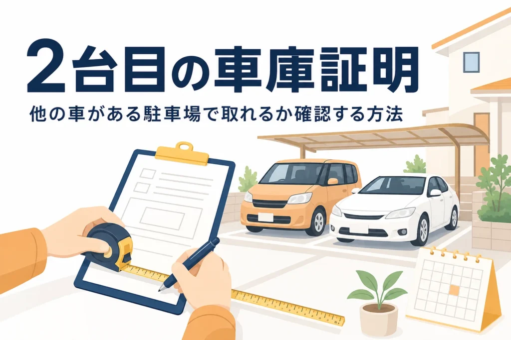 自宅の駐車場に並んだ2台の車とメジャーを写し、2台目の車庫証明を紹介する記事タイトル