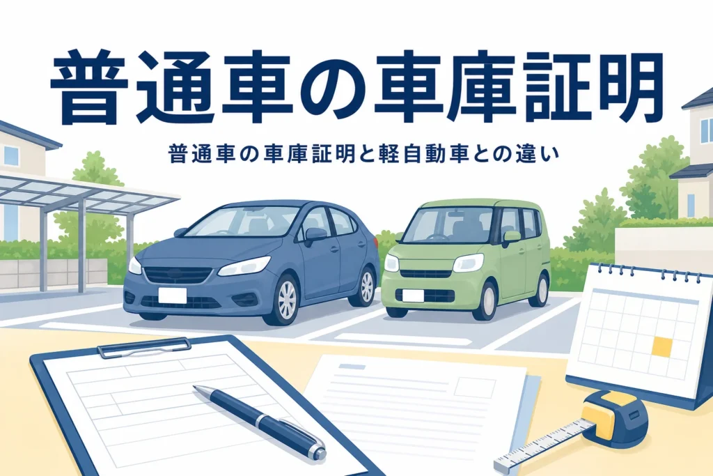 駐車場の普通乗用車と軽自動車のシルエットに、普通車の車庫証明の記事タイトルを重ねたアイキャッチ