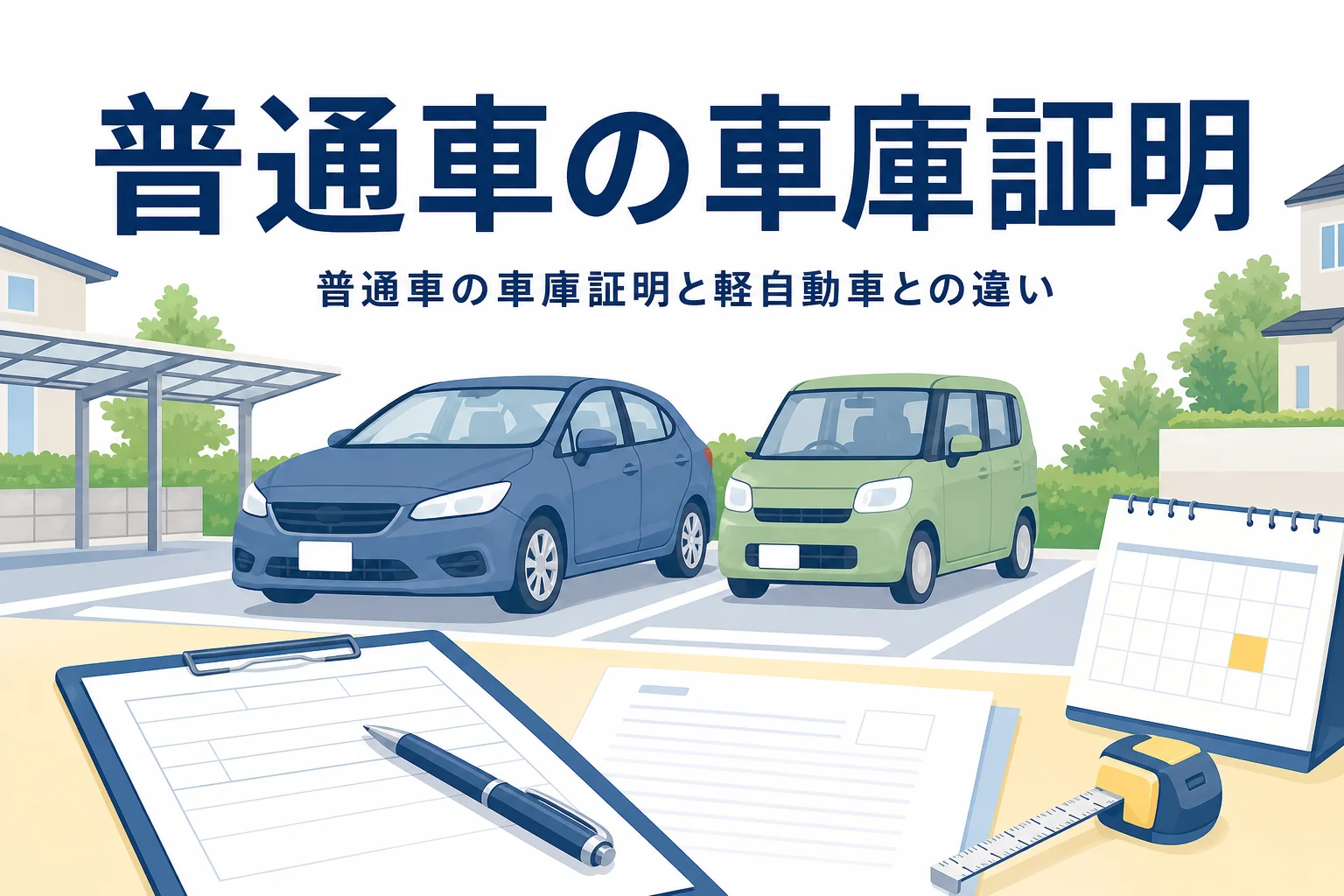駐車場の普通乗用車と軽自動車のシルエットに、普通車の車庫証明の記事タイトルを重ねたアイキャッチ