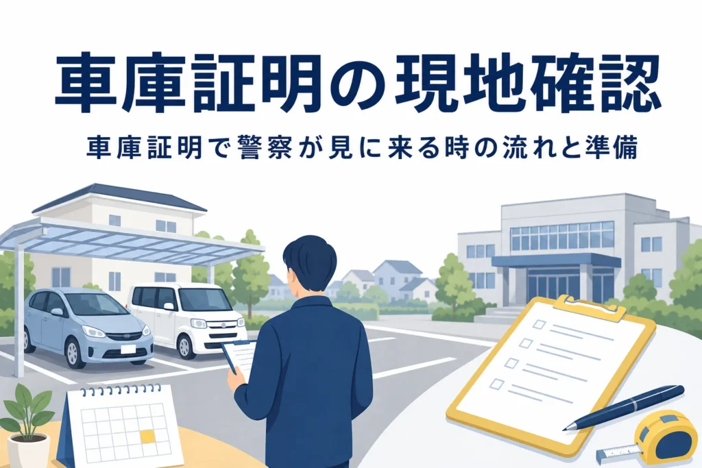 空いた駐車スペースをクリップボードを持って確認する後ろ姿に、車庫証明の現地確認を紹介する記事タイトル
