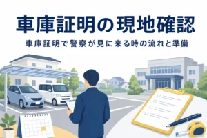 空いた駐車スペースをクリップボードを持って確認する後ろ姿に、車庫証明の現地確認を紹介する記事タイトル
