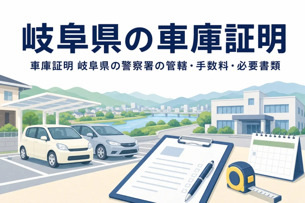 山並みと駐車場、書類を描いた「岐阜県の車庫証明」のアイキャッチ