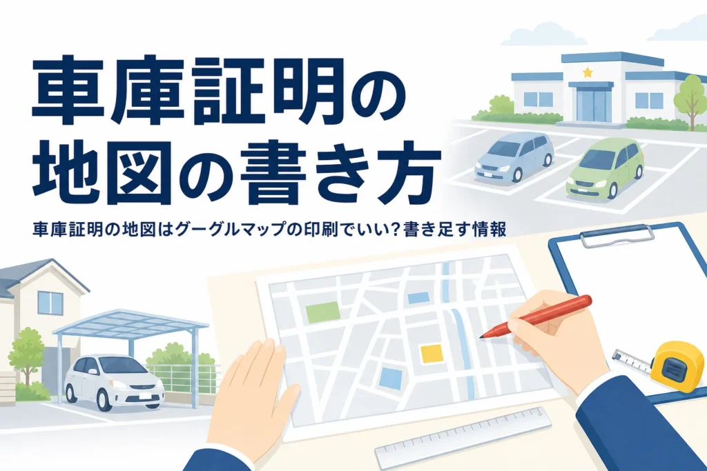 机の上の地図とペンと定規のイラストに、車庫証明の地図の書き方の記事タイトルを重ねたアイキャッチ