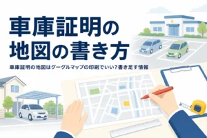 机の上の地図とペンと定規のイラストに、車庫証明の地図の書き方の記事タイトルを重ねたアイキャッチ