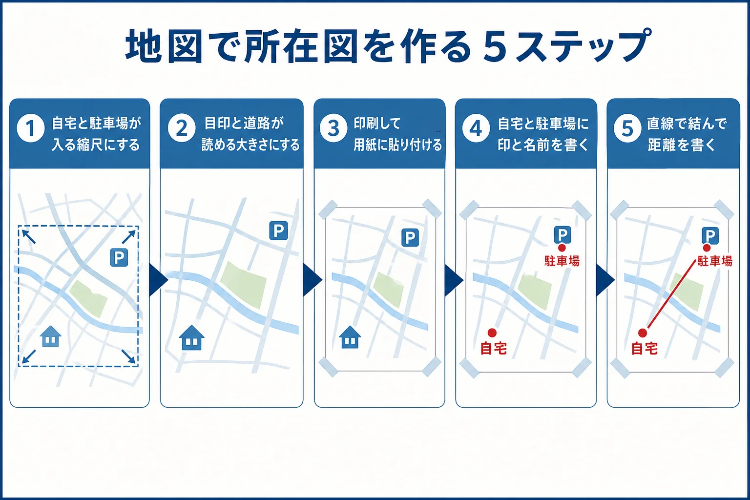 グーグルマップを使って車庫証明の所在図を作る手順をまとめた図解