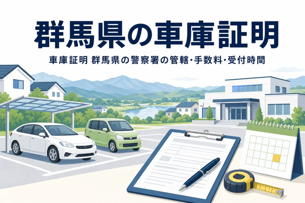 駐車場と書類を描いた「群馬県の車庫証明」のアイキャッチ