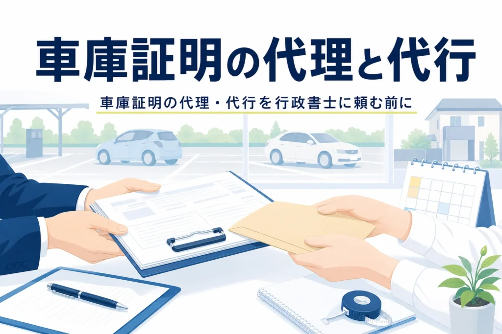書類を受け渡す手元で、車庫証明の代理・代行を行政書士に頼む方法を紹介する記事タイトル