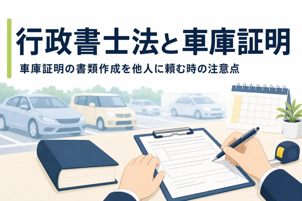 法令集風の本と書類を写し、行政書士法と車庫証明の書類作成の注意点を紹介する記事タイトル