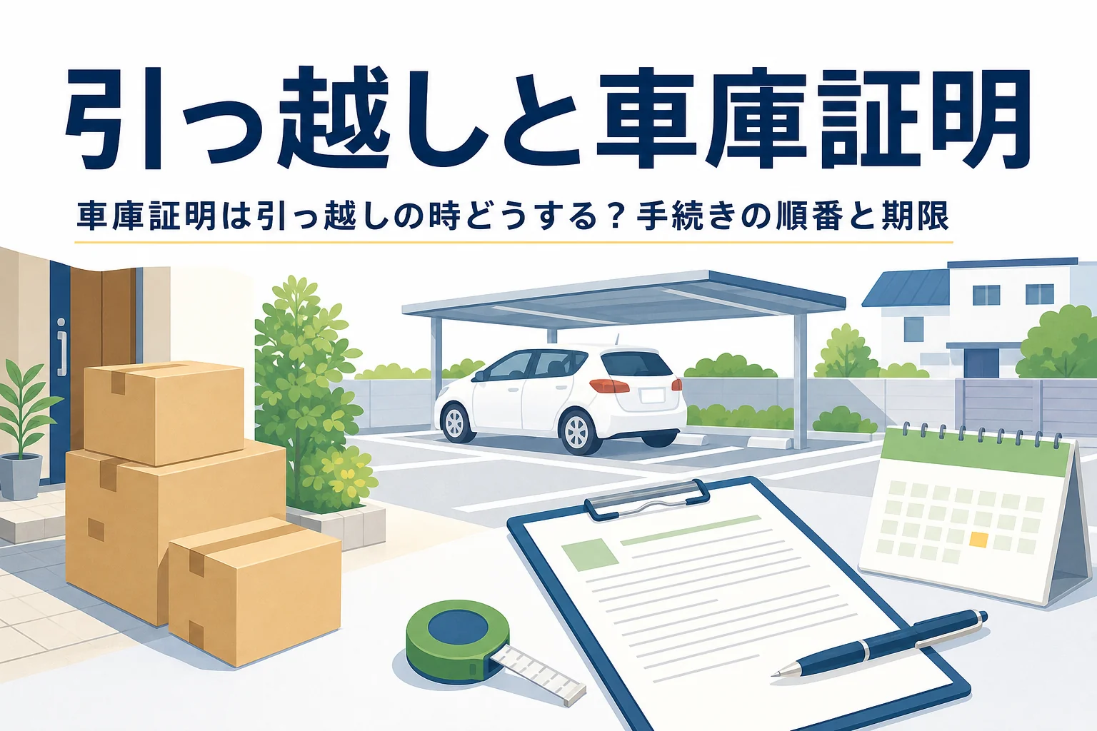 引っ越しの段ボールと駐車場の乗用車のイラストに、引っ越しの車庫証明の記事タイトルを重ねたアイキャッチ