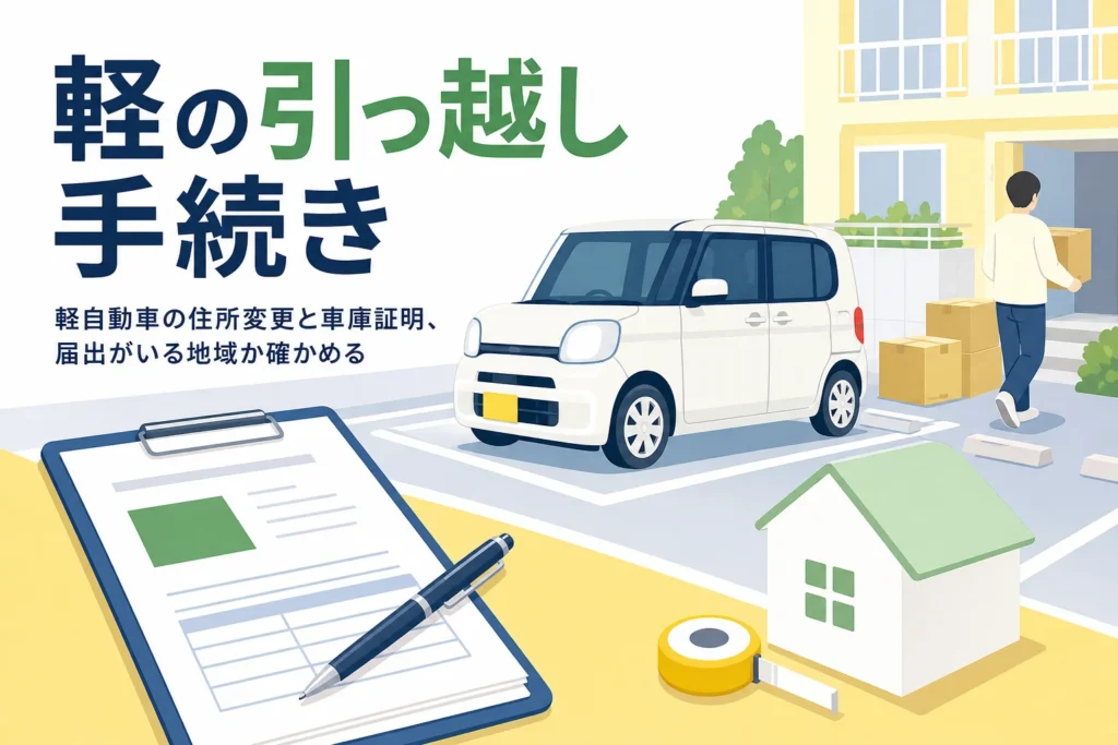 引っ越しの段ボールと軽自動車を描き、軽自動車の住所変更と保管場所届出を紹介する記事のアイキャッチ