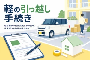 引っ越しの段ボールと軽自動車を描き、軽自動車の住所変更と保管場所届出を紹介する記事のアイキャッチ
