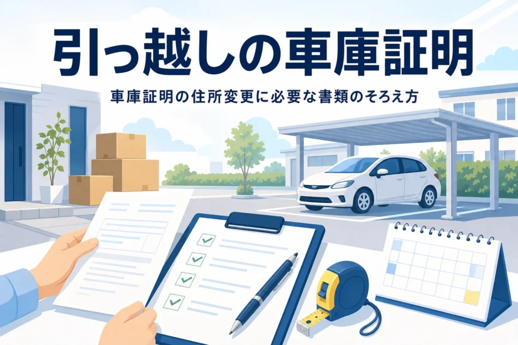 引っ越しの段ボールと新居の駐車場で、引っ越しの車庫証明の必要書類を紹介する記事タイトル