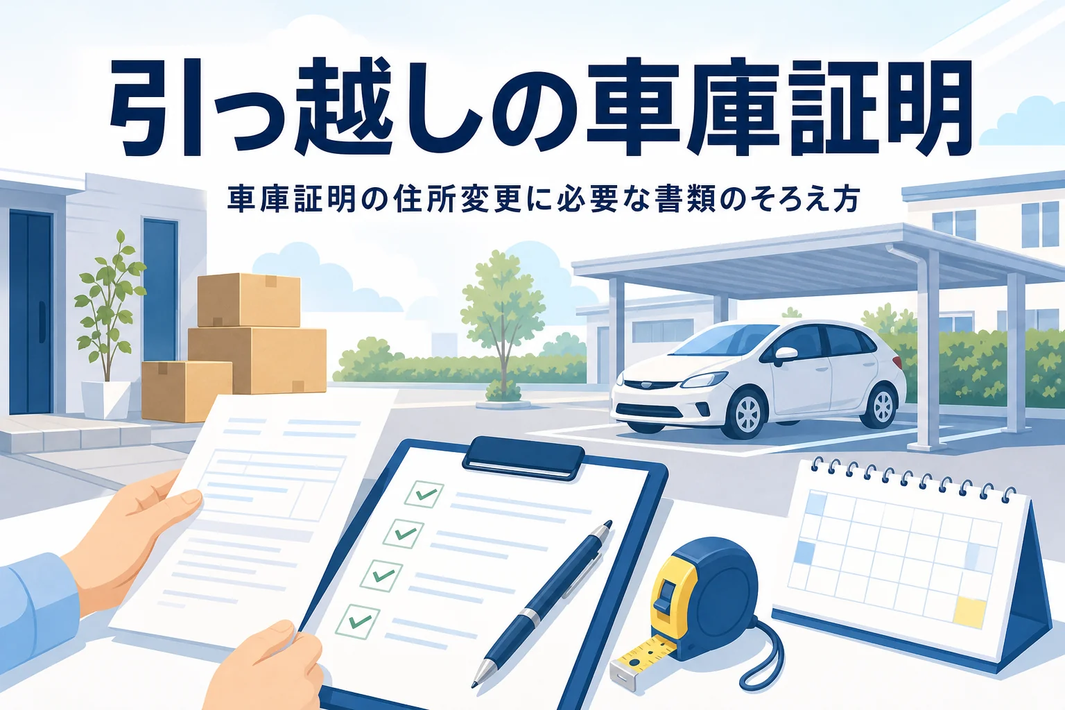 引っ越しの段ボールと新居の駐車場で、引っ越しの車庫証明の必要書類を紹介する記事タイトル