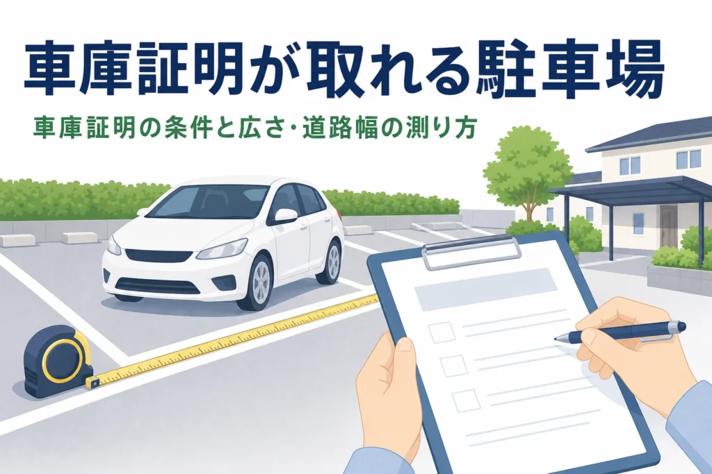 駐車場の区画とメジャーのイラストに、車庫証明の条件と測り方の記事タイトルを重ねたアイキャッチ