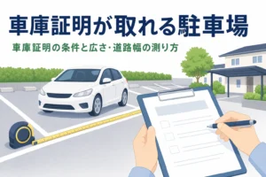 駐車場の区画とメジャーのイラストに、車庫証明の条件と測り方の記事タイトルを重ねたアイキャッチ