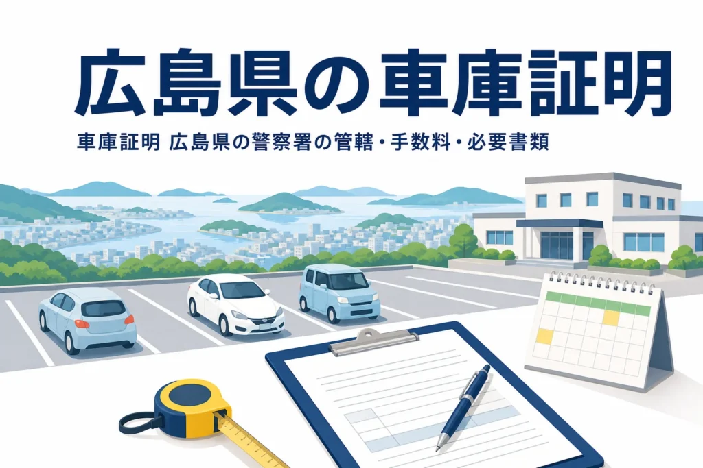 瀬戸内の町の駐車場と書類を描いた「広島県の車庫証明」のアイキャッチ