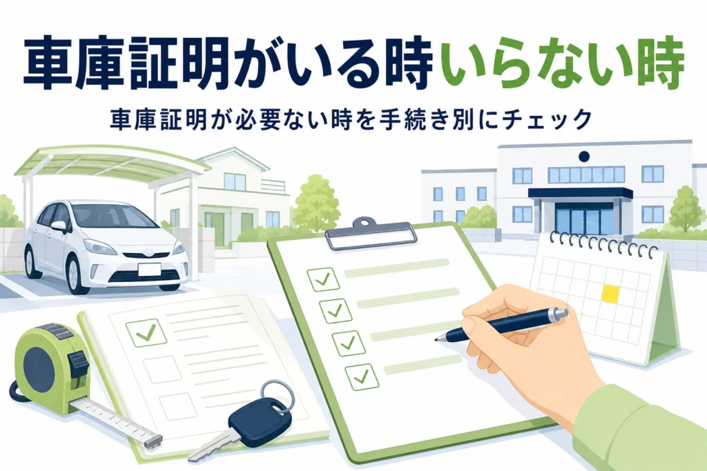 チェックリストと車の鍵で、車庫証明が必要ない時といる時を紹介する記事タイトル