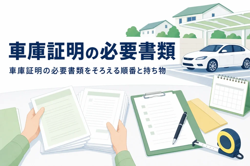 机に並べた申請書類とペン・メジャーで、車庫証明の必要書類を紹介する記事タイトル