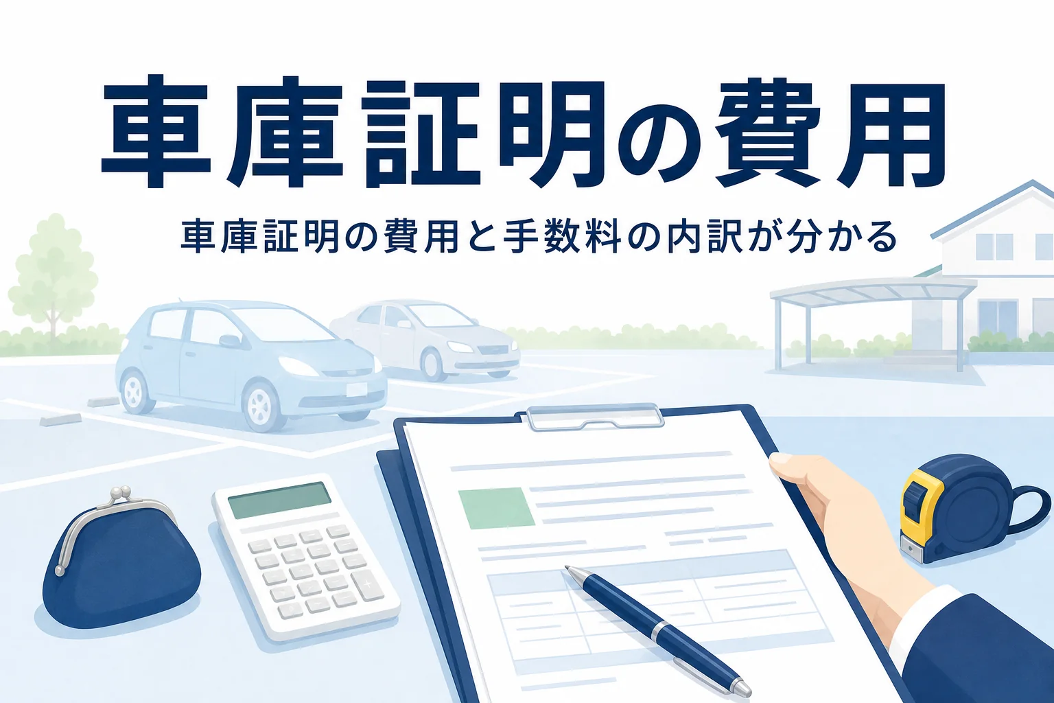 書類と電卓が置かれた机と駐車場の乗用車のシルエットに、車庫証明の費用を紹介する記事タイトル