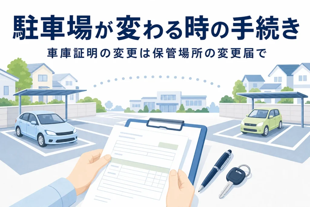 駐車場の移動と書類で、駐車場だけ変わる時の車庫証明の変更手続きを紹介する記事タイトル