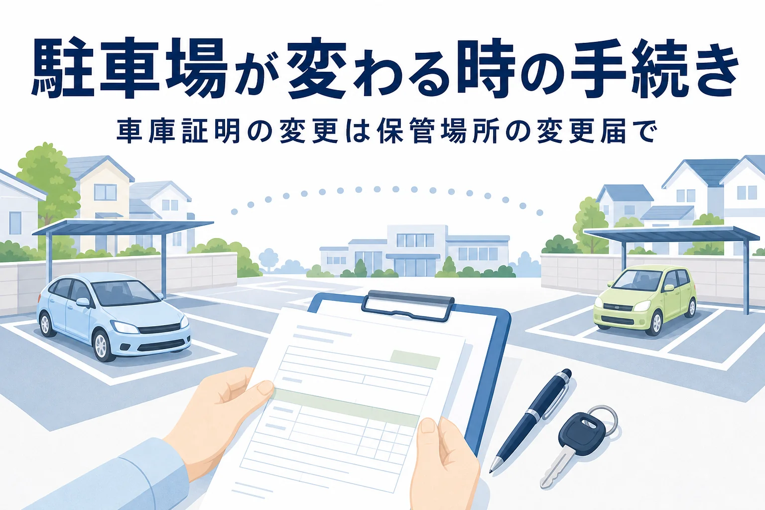 駐車場の移動と書類で、駐車場だけ変わる時の車庫証明の変更手続きを紹介する記事タイトル