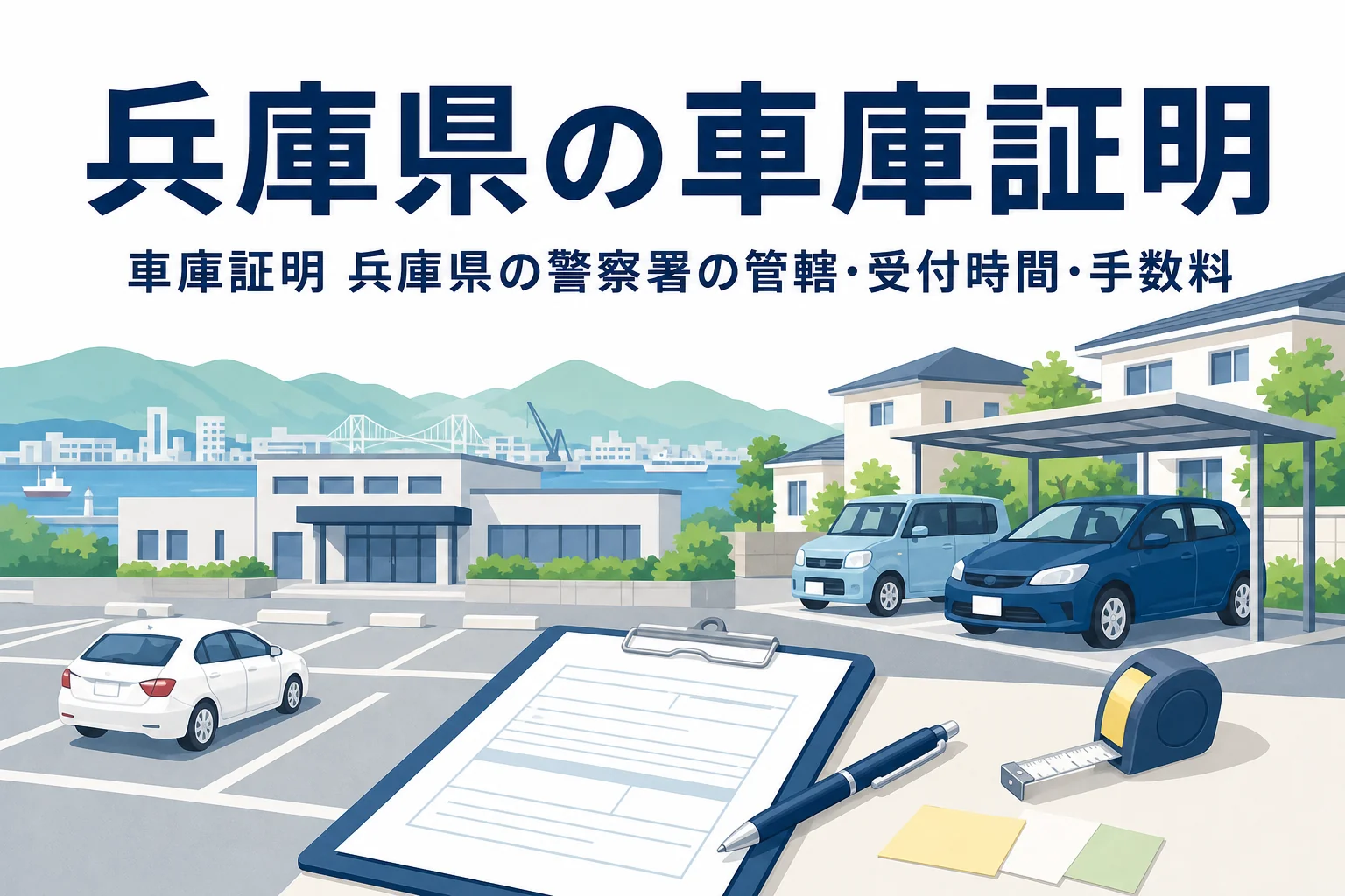港町と駐車場、書類を描いた「兵庫県の車庫証明」のアイキャッチ