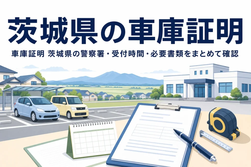 駐車場と書類を描いた「茨城県の車庫証明」のアイキャッチ